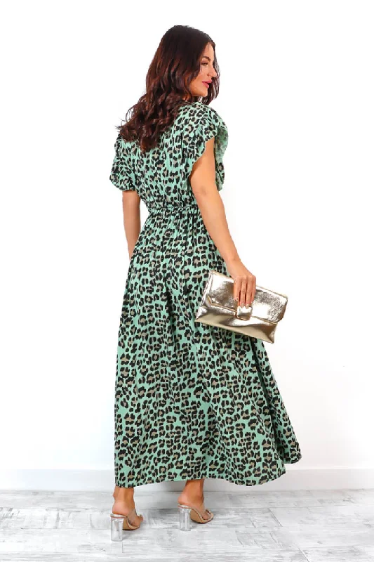 Worth Wild - Green Leopard Pleated Maxi Dress