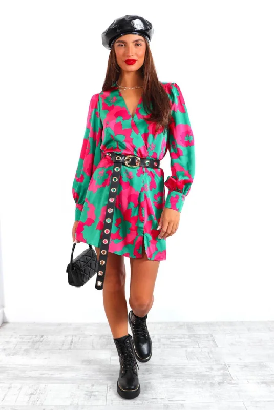 Your New Girl - Green Pink Floral Mini Wrap Dress