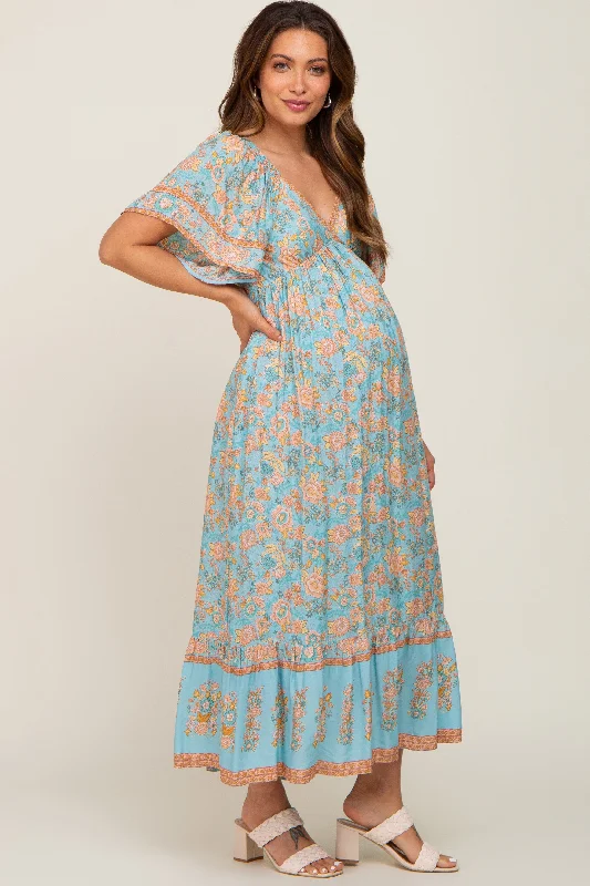 Aqua Floral Print Wrap V-Neck Maternity Midi Dress