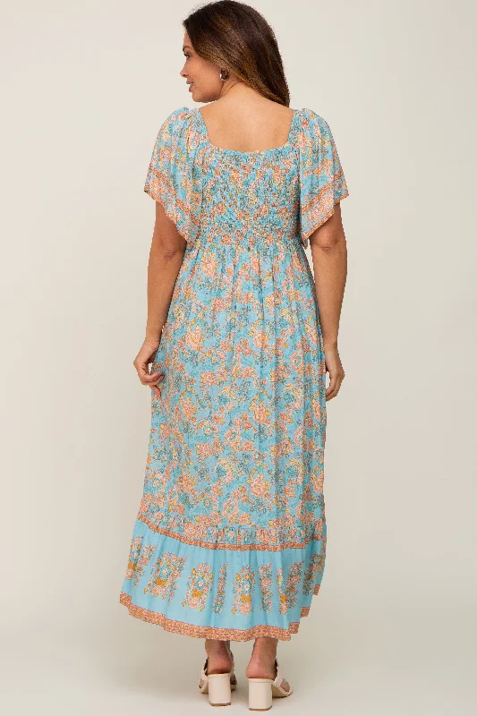 Aqua Floral Print Wrap V-Neck Maternity Midi Dress