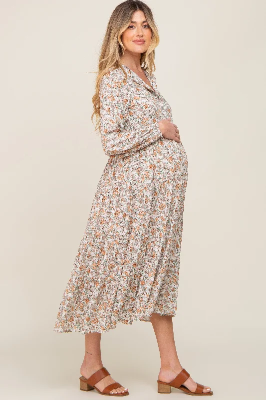 Beige Floral Button Front Long Sleeve Tiered Maternity Midi Dress