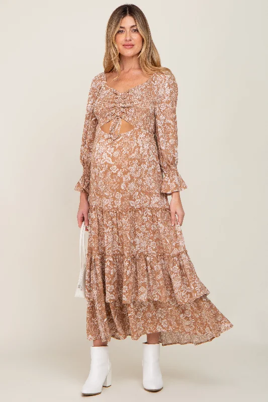 Beige Floral Cutout Smocked Tiered Maternity Maxi Dress