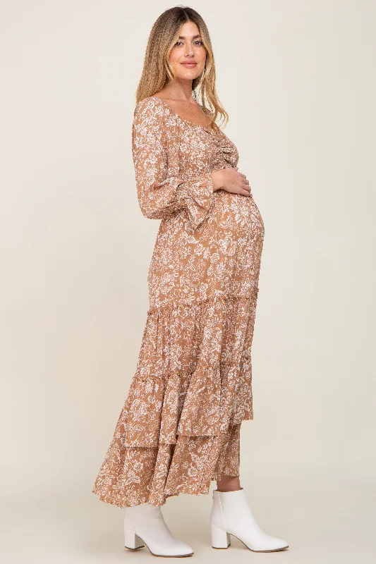 Beige Floral Cutout Smocked Tiered Maternity Maxi Dress