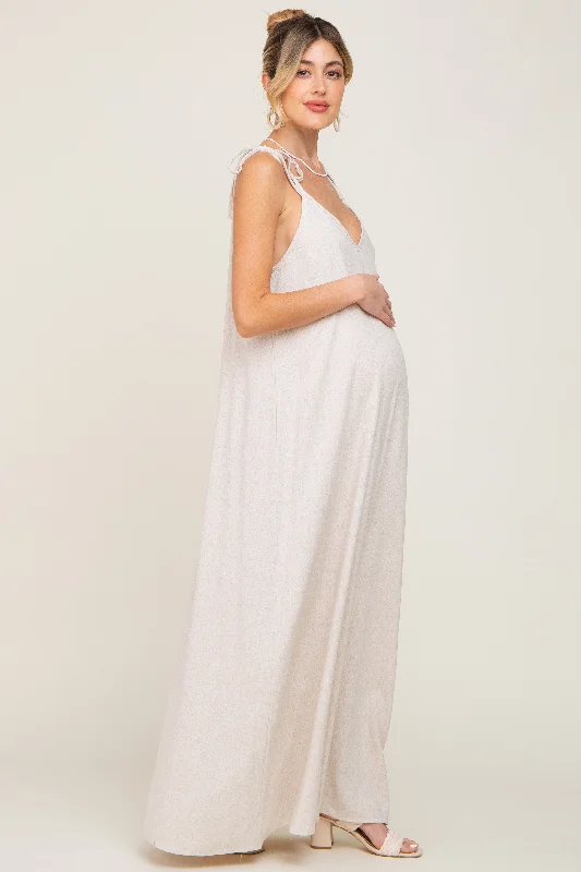 Beige Linen V-Neck Tie Strap Maternity Maxi Dress