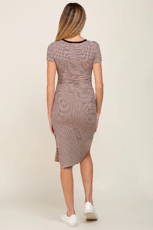 Beige Striped Side Slit Fitted Maternity Midi Dress