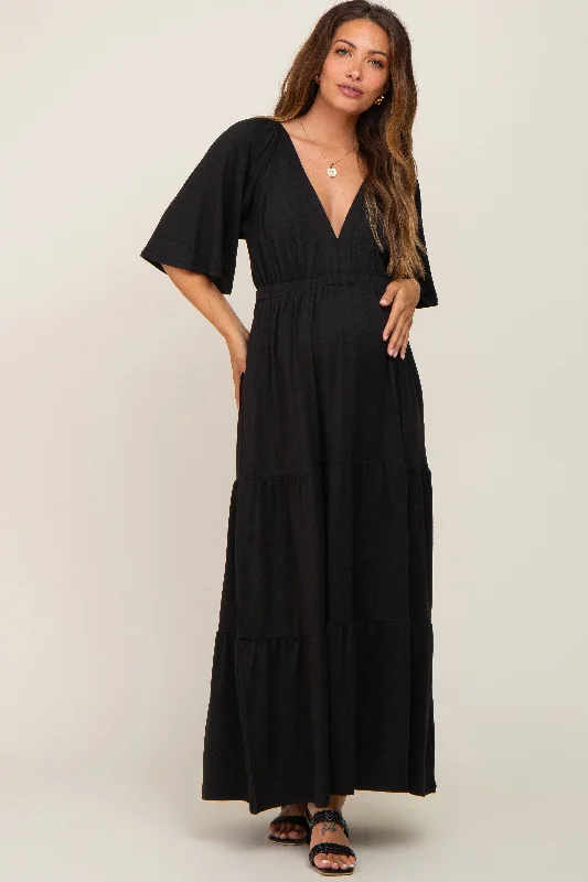 Black Deep V-Neck Tiered Maternity Maxi Dress