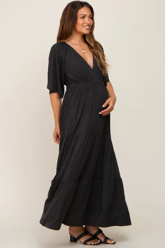 Black Deep V-Neck Tiered Maternity Maxi Dress