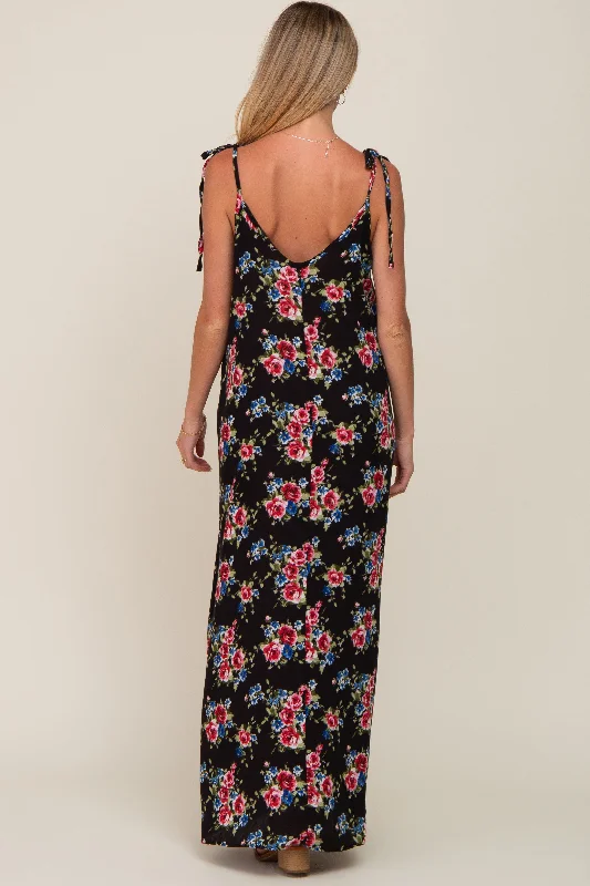 Black Floral Shoulder Tie Maternity Maxi Dress