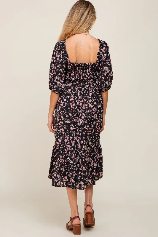 Black Floral Smocked Maternity Midi Dress