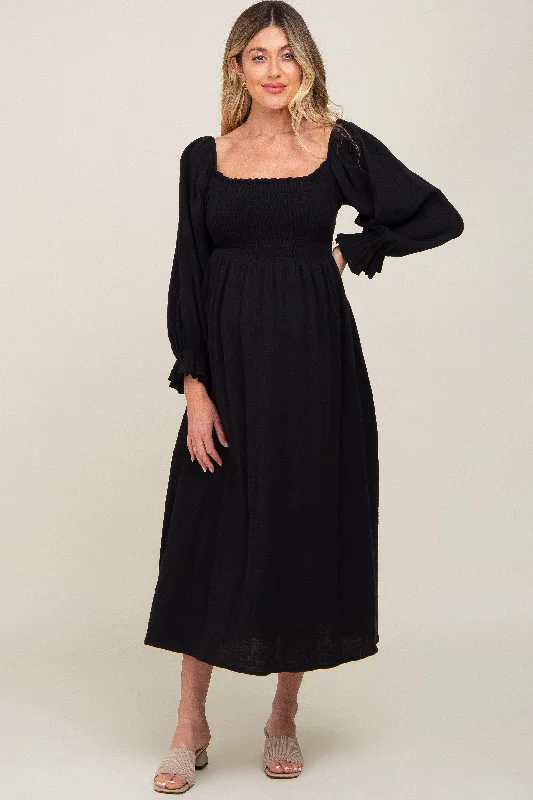 Black Gauze Smocked Maternity Midi Dress