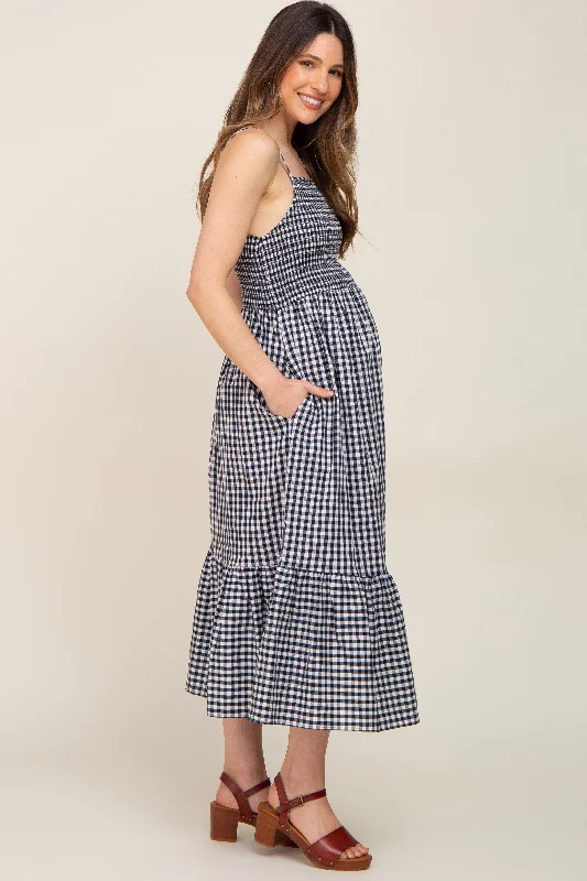 Black Gingham Smocked Maternity Midi Dress