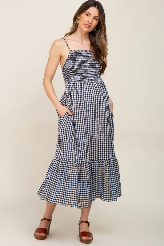 Black Gingham Smocked Maternity Midi Dress