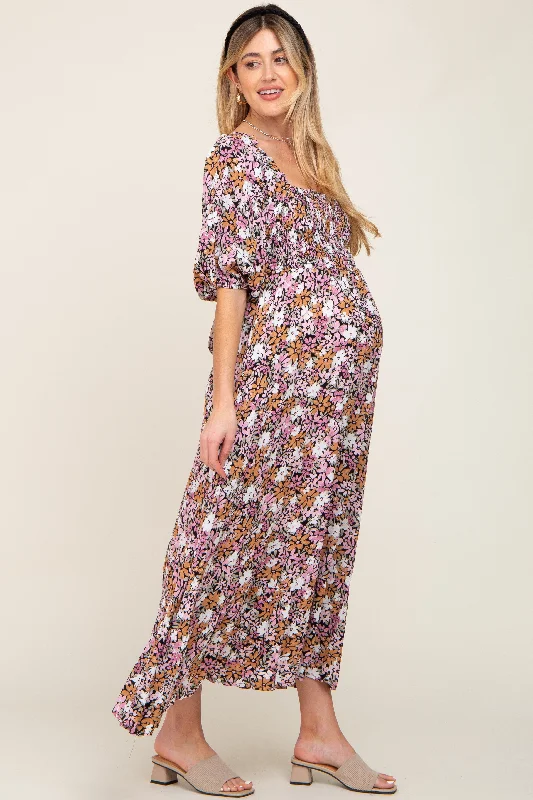 Black Multi-Color Floral Maternity Maxi Dress