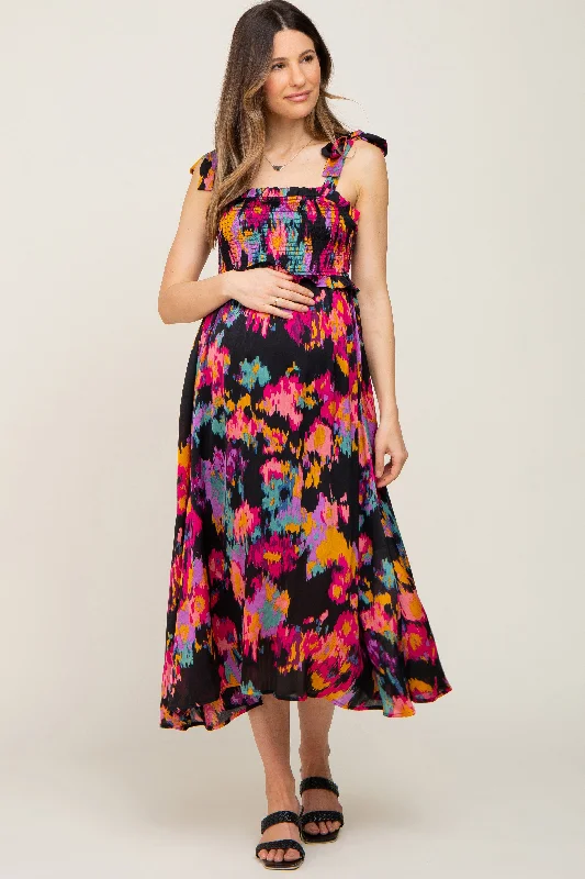 Black Printed Satin Smocked Maternity Midi Dress