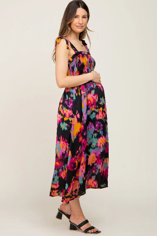 Black Printed Satin Smocked Maternity Midi Dress