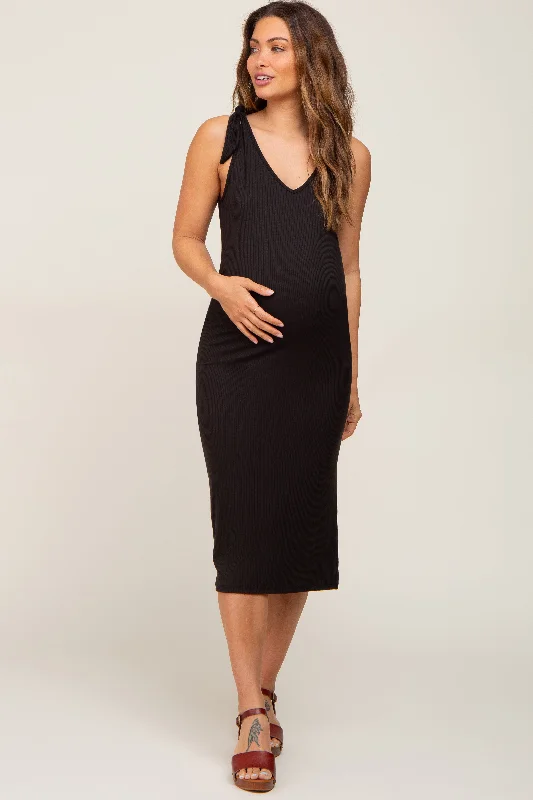 Black Ribbed Shoulder Tie Maternity Midi Dress