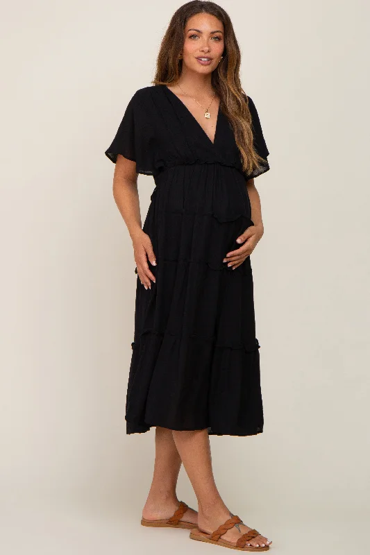 Black Ruffle Tiered V-Neck Maternity Midi Dress