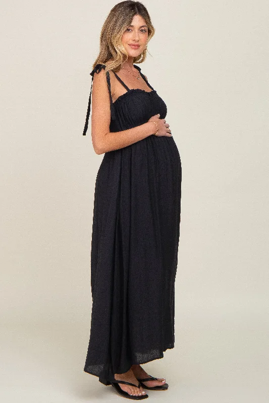 Black Sleeveless Ruffle Trim Maternity Maxi Dress