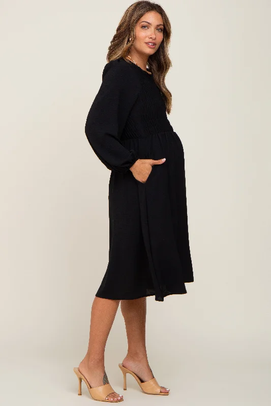 Black Smocked Long Sleeve Maternity Midi Dress