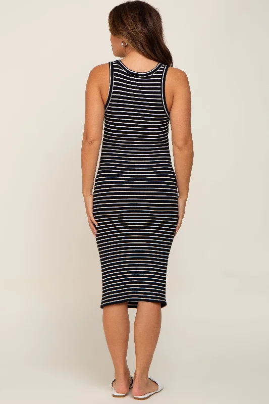 Black Striped Sleeveless Maternity Dress