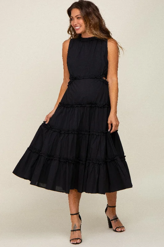 Black Tiered Ruffle Cutout Maternity Midi Dress