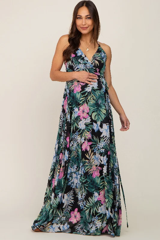 Black Tropical Floral Chiffon Wrap Front Maternity Maxi Dress