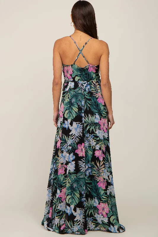 Black Tropical Floral Chiffon Wrap Front Maternity Maxi Dress