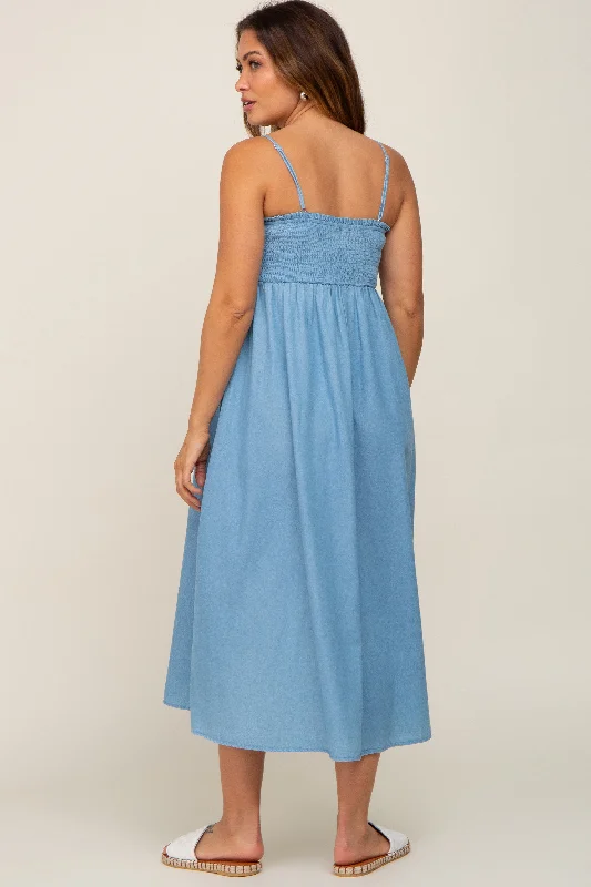 Blue Chambray Cinched Smocked Maternity Midi Dress