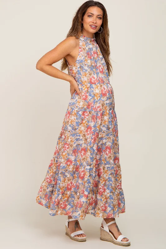 Blue Floral Ruffle Mock Neck Tiered Maternity Maxi Dress