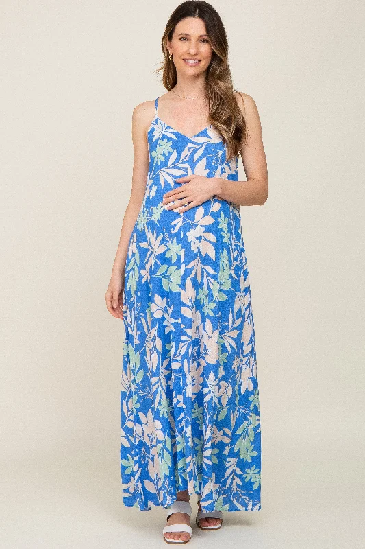 Blue Floral V-Neck Maternity Maxi Dress