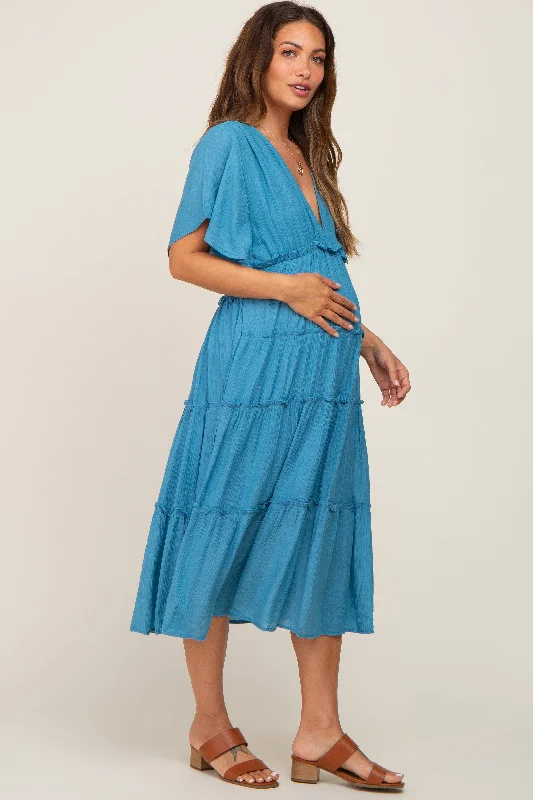 Blue Ruffle Tiered V-Neck Maternity Midi Dress