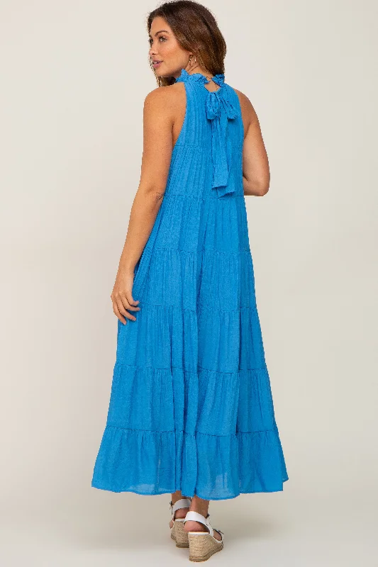 Blue Tiered High Neck Maternity Maxi Dress