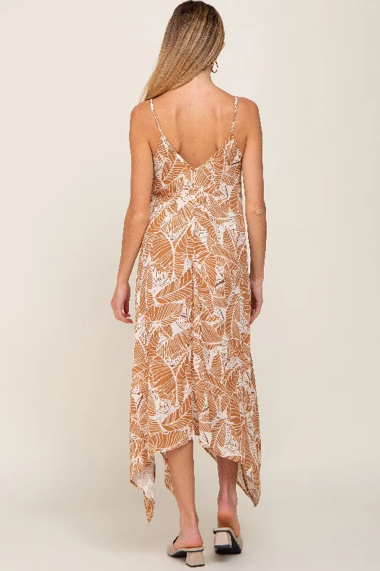 Camel Leaf Print Handkerchief Maternity Midi Dress