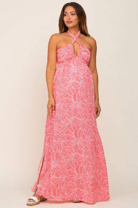 Coral Floral Halter Neck Maternity Maxi Dress