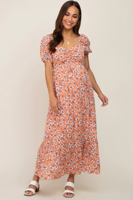 Coral Floral Sweetheart Drawstring Neck Short Sleeve Maternity Midi Dress