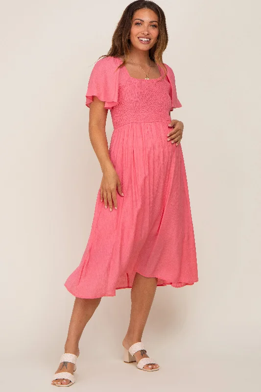 Coral Smocked Square Neck Flutter Short Sleeve Maternity Midi Dress