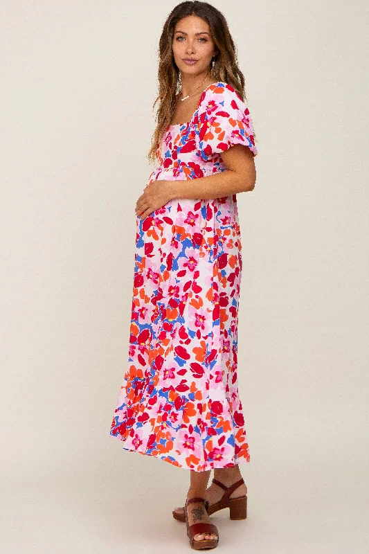 Fuchsia Floral Square Neck Short Puff Sleeve Maternity Midi Dress