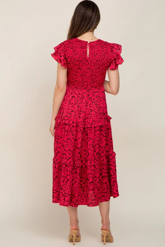 Fuchsia Print Smocked Ruffle Tiered Maternity Midi Dress