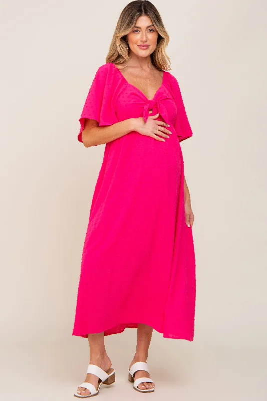 Fuchsia Textured Dot Front Tie Ruffle Sleeve Maternity Midi Dress