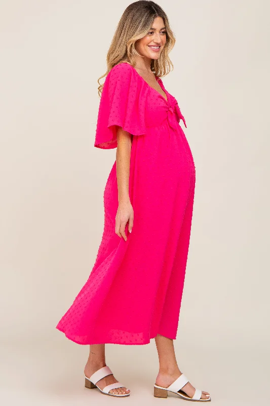 Fuchsia Textured Dot Front Tie Ruffle Sleeve Maternity Midi Dress