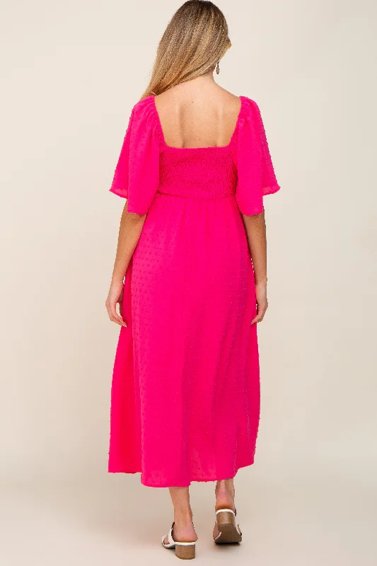 Fuchsia Textured Dot Front Tie Ruffle Sleeve Maternity Midi Dress