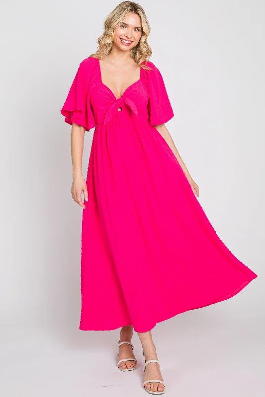 Fuchsia Textured Dot Front Tie Ruffle Sleeve Maternity Midi Dress