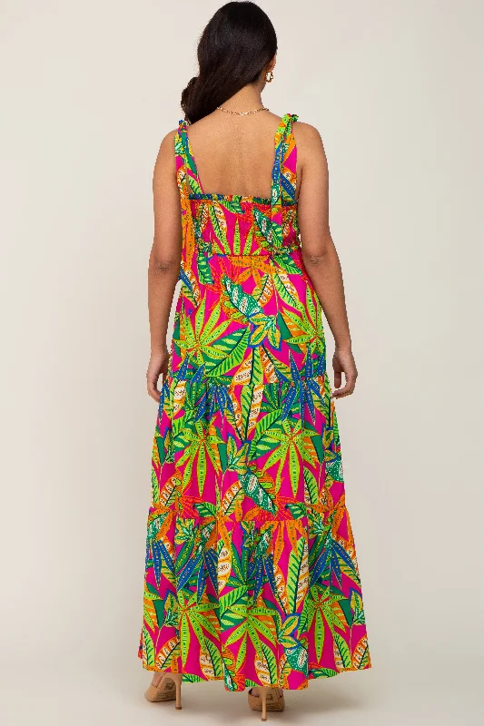 Fuchsia Tropical Print Smocked Tie Sleeve Maternity Maxi Dress