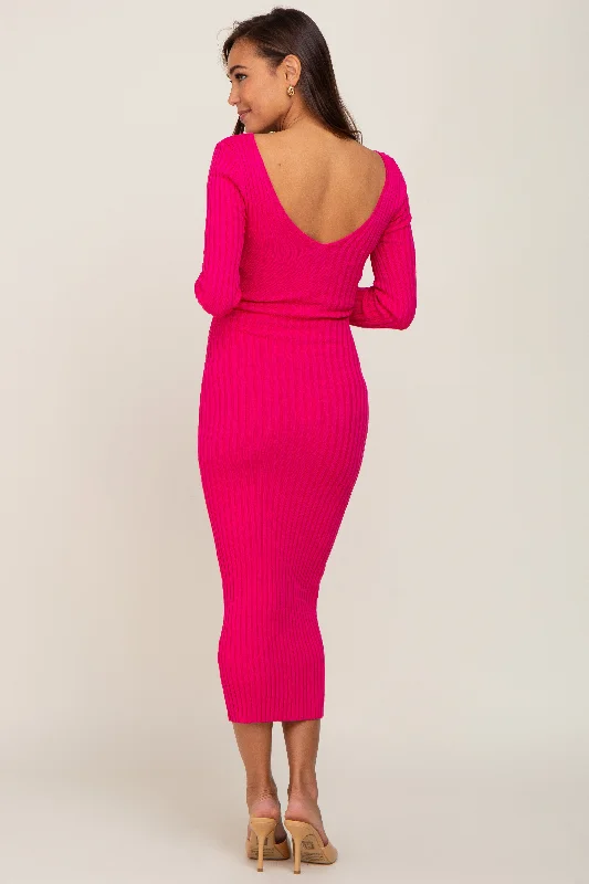 Fuchsia V-Neck Long Sleeve Fitted Maternity Maxi Dress