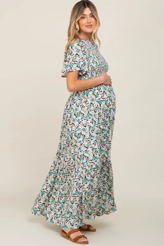 Green Floral Smocked Tiered Maternity Maxi Dress