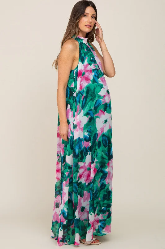 Green Multi-Color Halter Maternity Maxi Dress