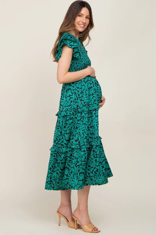 Green Print Smocked Ruffle Tiered Maternity Midi Dress