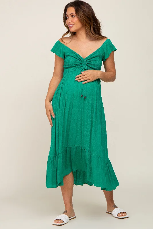 Green Smocked Ruched Ruffle Hem Maternity Maxi Dress