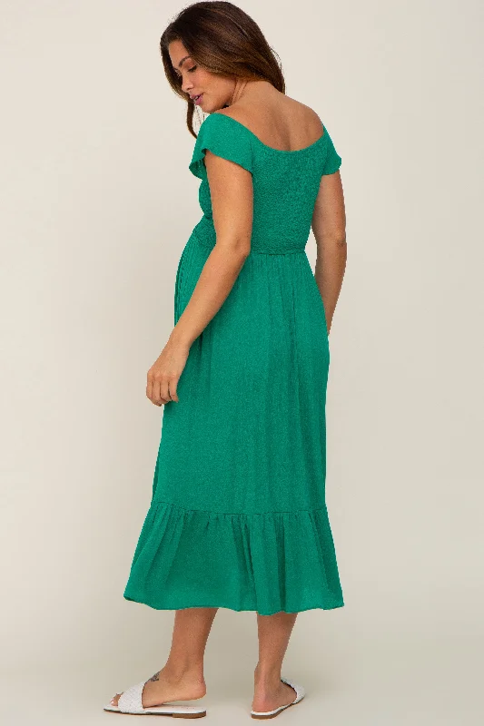 Green Smocked Ruched Ruffle Hem Maternity Maxi Dress