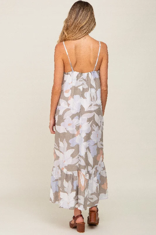 Grey Floral Sleeveless Maternity Maxi Dress